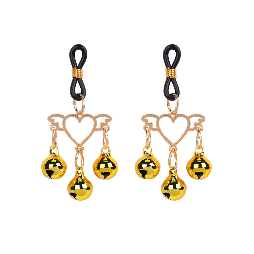 A pair of adjustable non-piercing nipple clamps featuring golden winged hearts and bells.