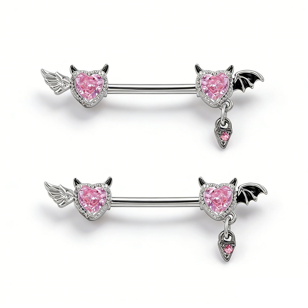 A pair of nipple barbells featuring silver angel wings and black bat wings with dangling charms.