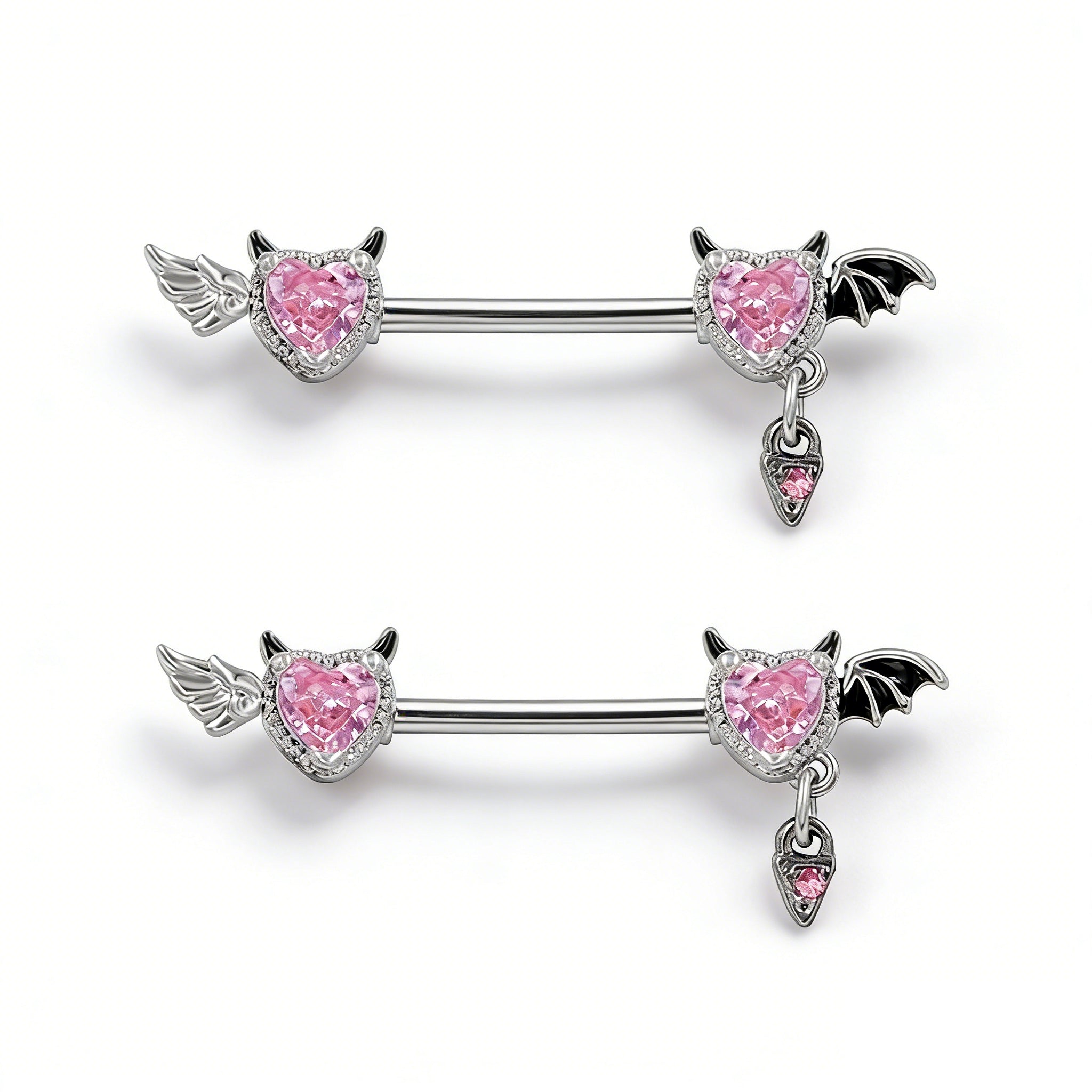 A pair of nipple barbells featuring silver angel wings and black bat wings with dangling charms.