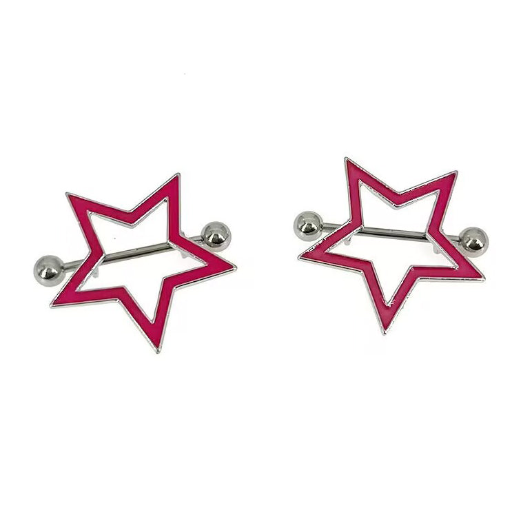 A pair of symmetrical pink star nipple shield rings on white background