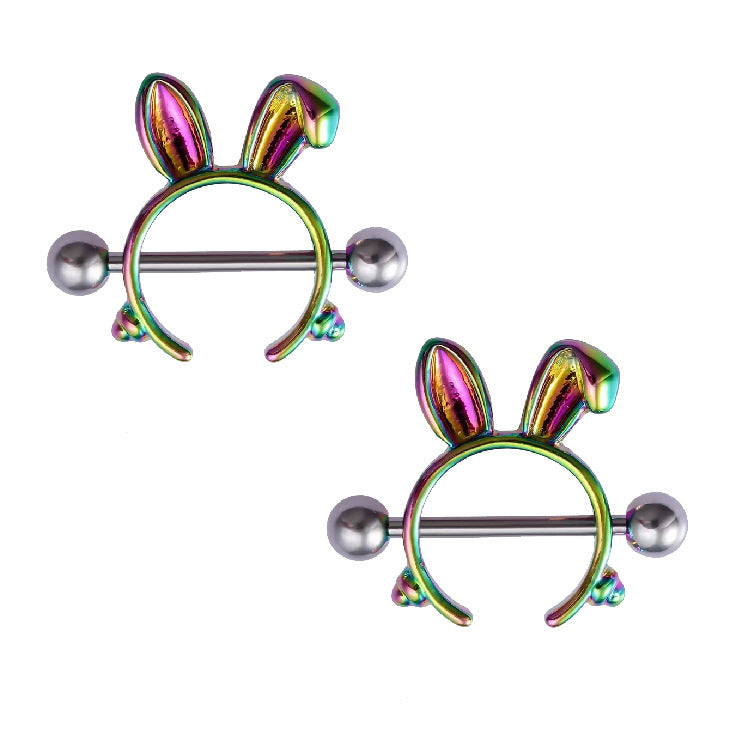 Symmetrical pair of rainbow iridescent bunny ear nipple shields.