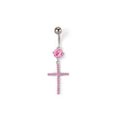 A silver curved barbell navel ring with a brilliant-cut pink stone and a sparkling pink crystal paved cross pendant