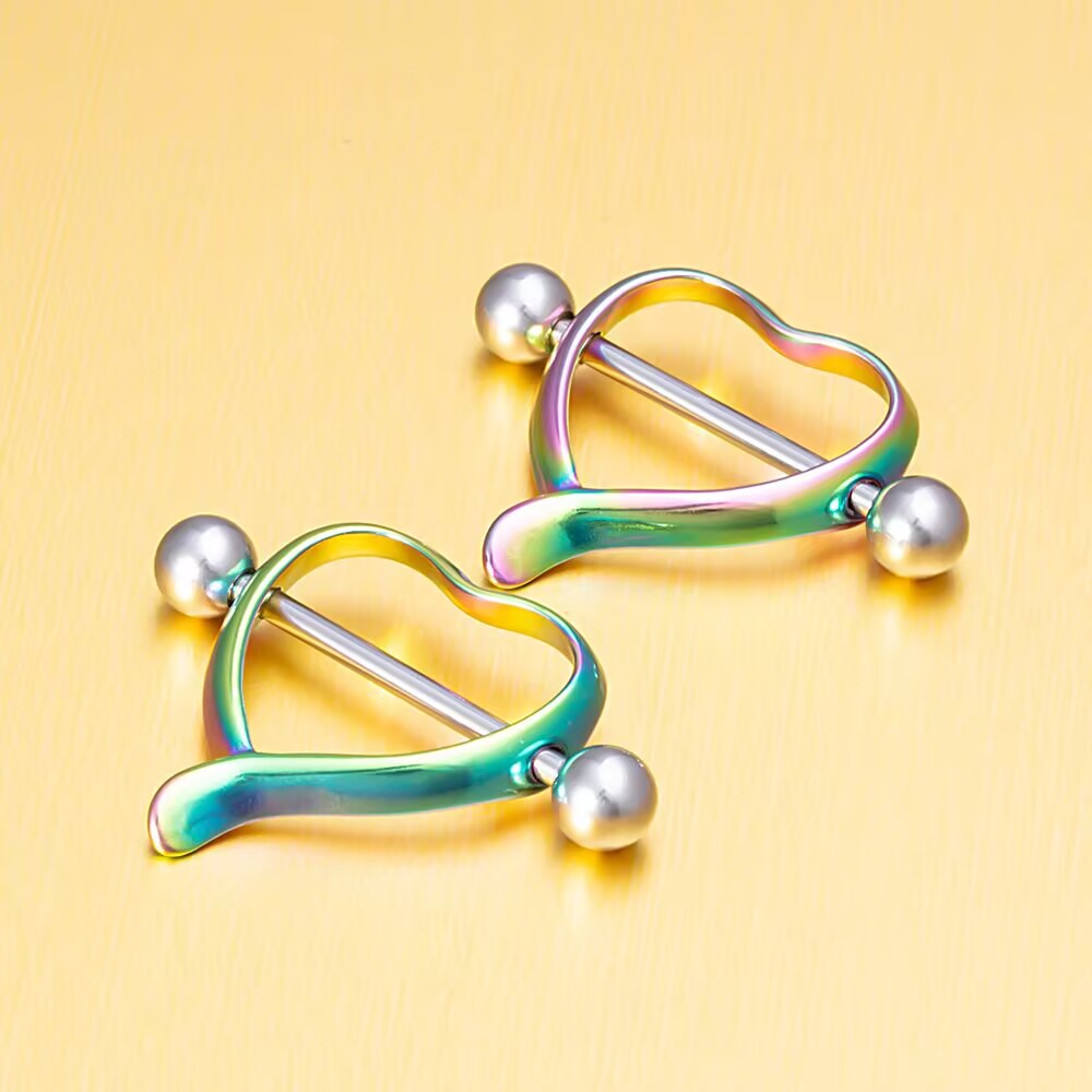 Iridescent rainbow heart nipple rings for alternative fashion