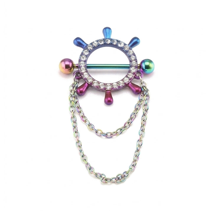 A single rainbow multicolor ship wheel nipple shield piercing with clear crystal pavé and two layers of hanging dangle chains on a white background.