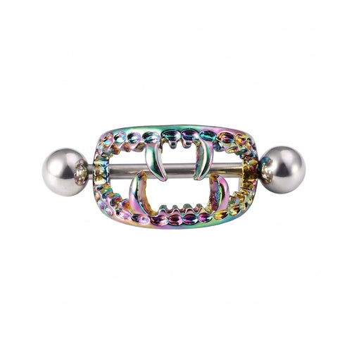 Rainbow colored vampire fangs nipple shield piercing jewelry on white background.