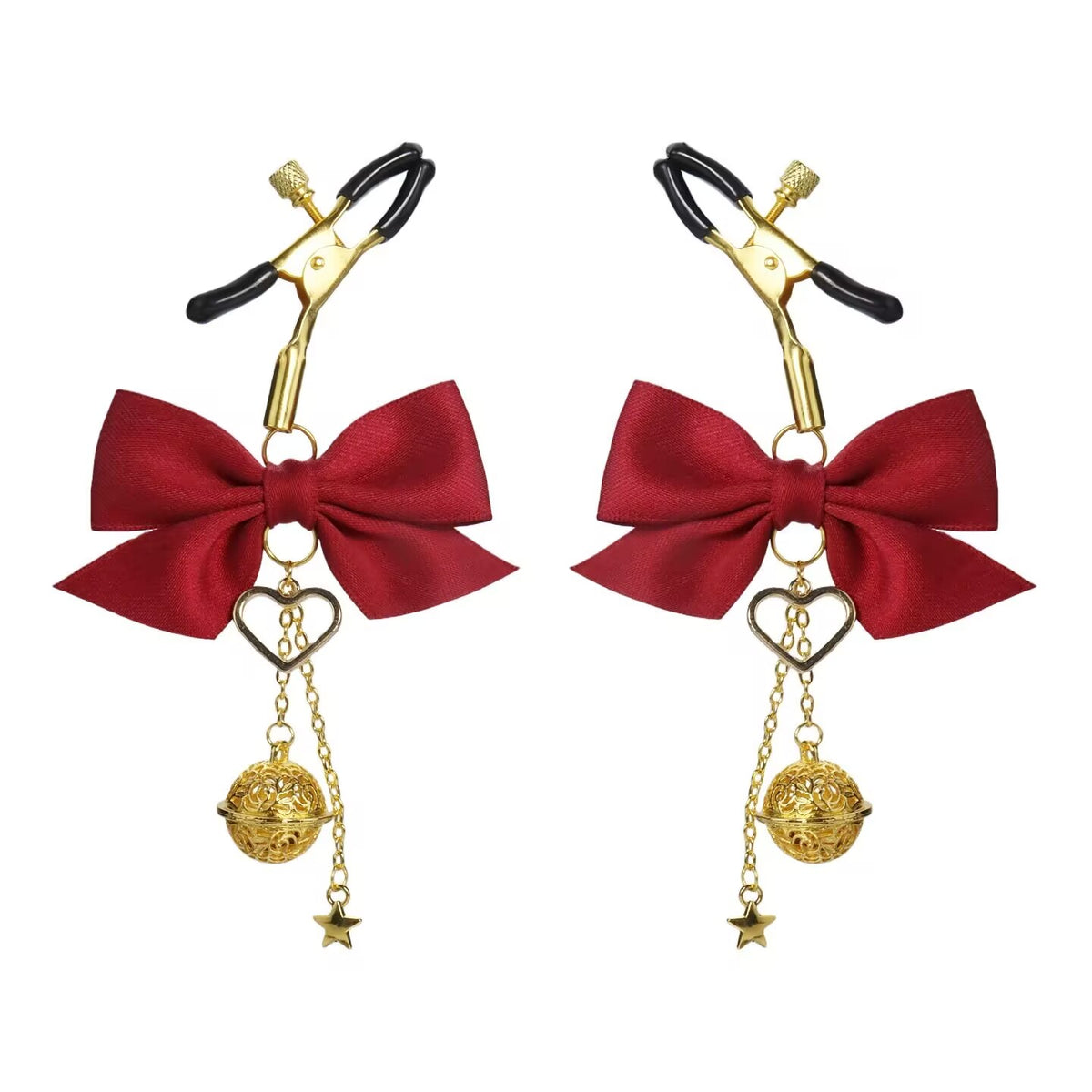 A pair of deep red bow nipple clamps with gold heart and bell tassels.
