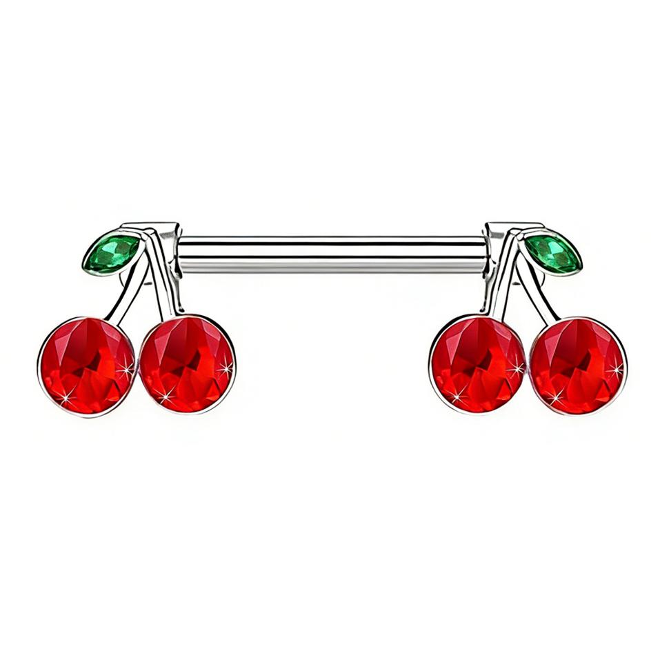 Pair of red cherry nipple rings with green leaves on a white background.