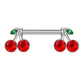 Pair of red cherry nipple rings with green leaves on a white background.