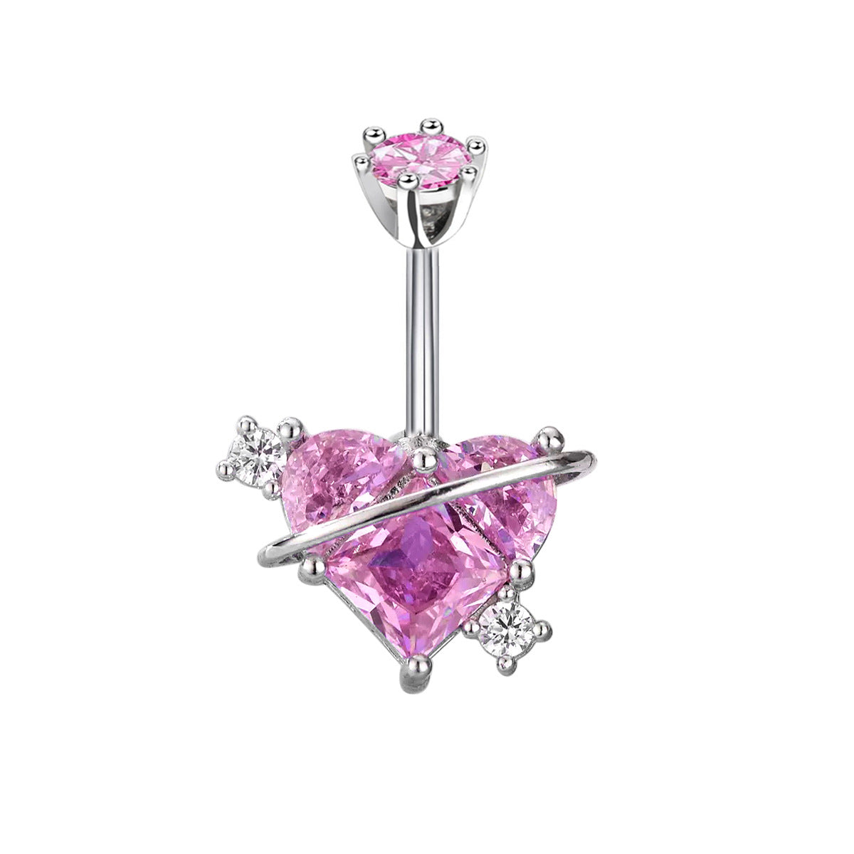 A soft pink heart crystal planet navel ring surrounded by smaller gems on a silver bar