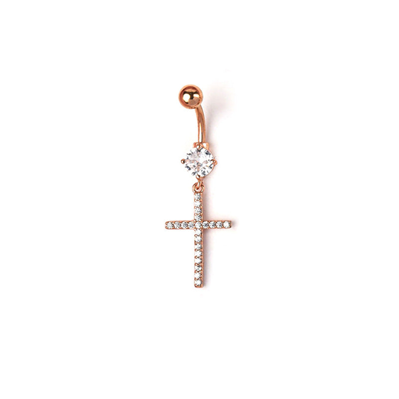 A rose gold-toned dangle belly ring designed with a glittering central stone and a hanging cross charm embellished with delicate crystals