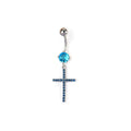 Silver tone navel piercing ring featuring an aqua blue center gemstone and a dangling cross accent filled with small blue crystals
