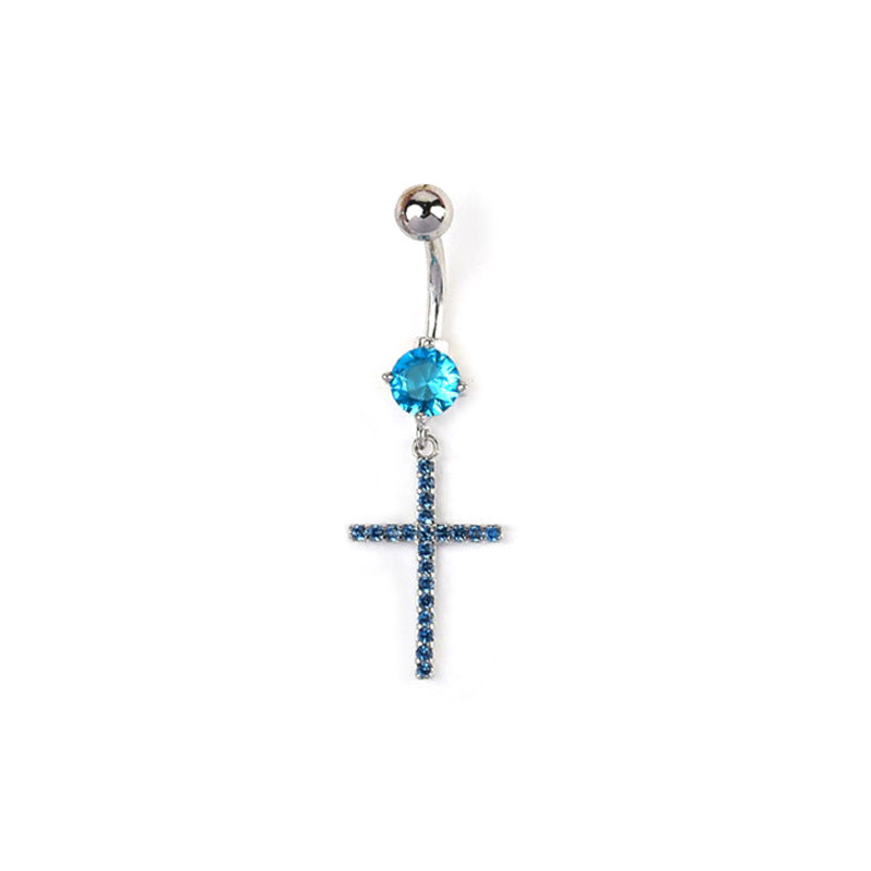 Silver tone navel piercing ring featuring an aqua blue center gemstone and a dangling cross accent filled with small blue crystals