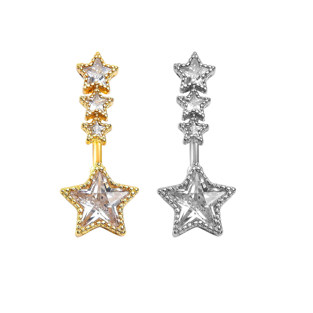 Silver celestial belly button ring featuring a cascading triple star top and a large star-shaped center crystal on a white background.
