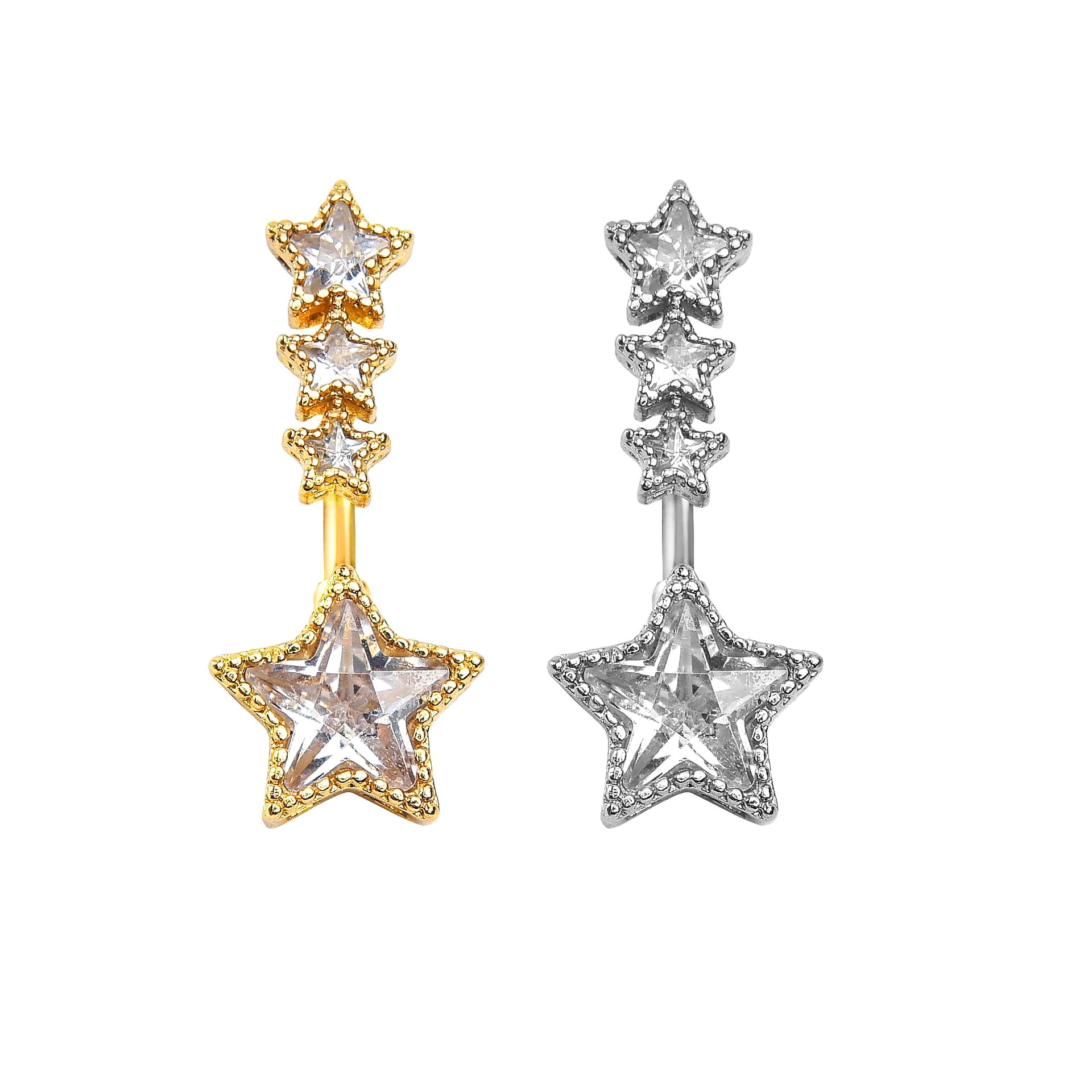 Silver celestial belly button ring featuring a cascading triple star top and a large star-shaped center crystal on a white background.