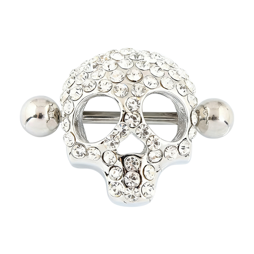 A front view of a silver-toned skull nipple shield with pave-set crystal details.