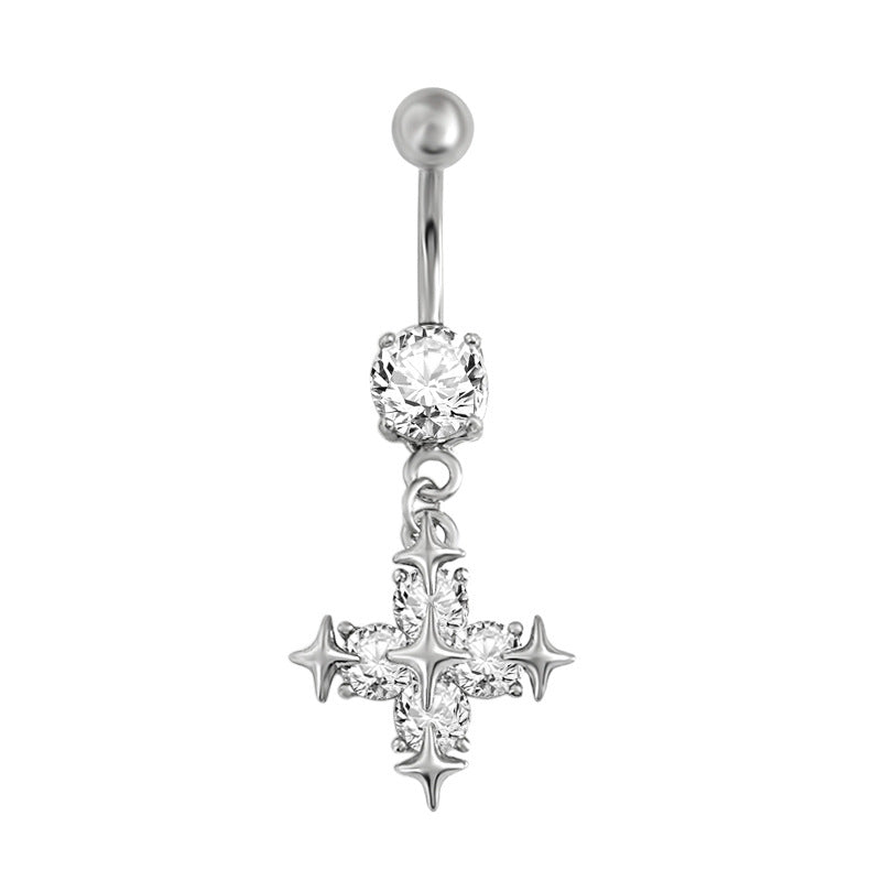 Silver-tone dangling belly piercing jewelry with a celestial north star design made of high-shine brilliant crystals