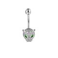 Silver tone panther head belly button ring pavé set with sparkling white crystals and striking emerald green gemstone eyes, shown on a white background