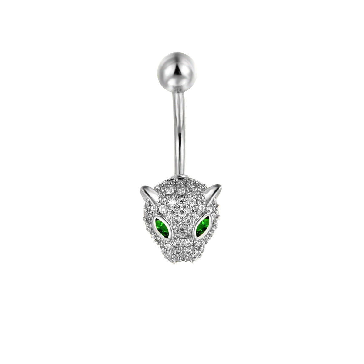 Silver tone panther head belly button ring pavé set with sparkling white crystals and striking emerald green gemstone eyes, shown on a white background