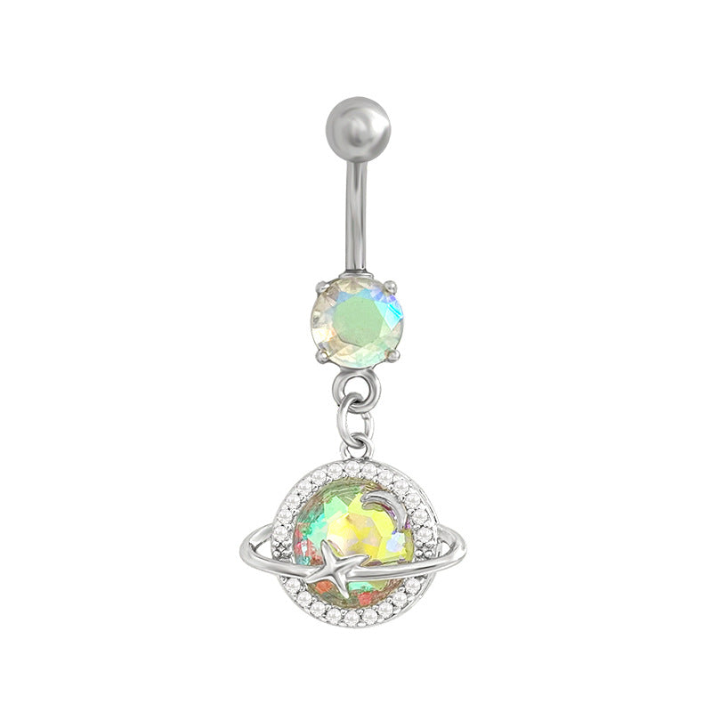 Silver-tone planet belly button ring with a glowing iridescent gem surrounded by a planetary ring and accent crystals