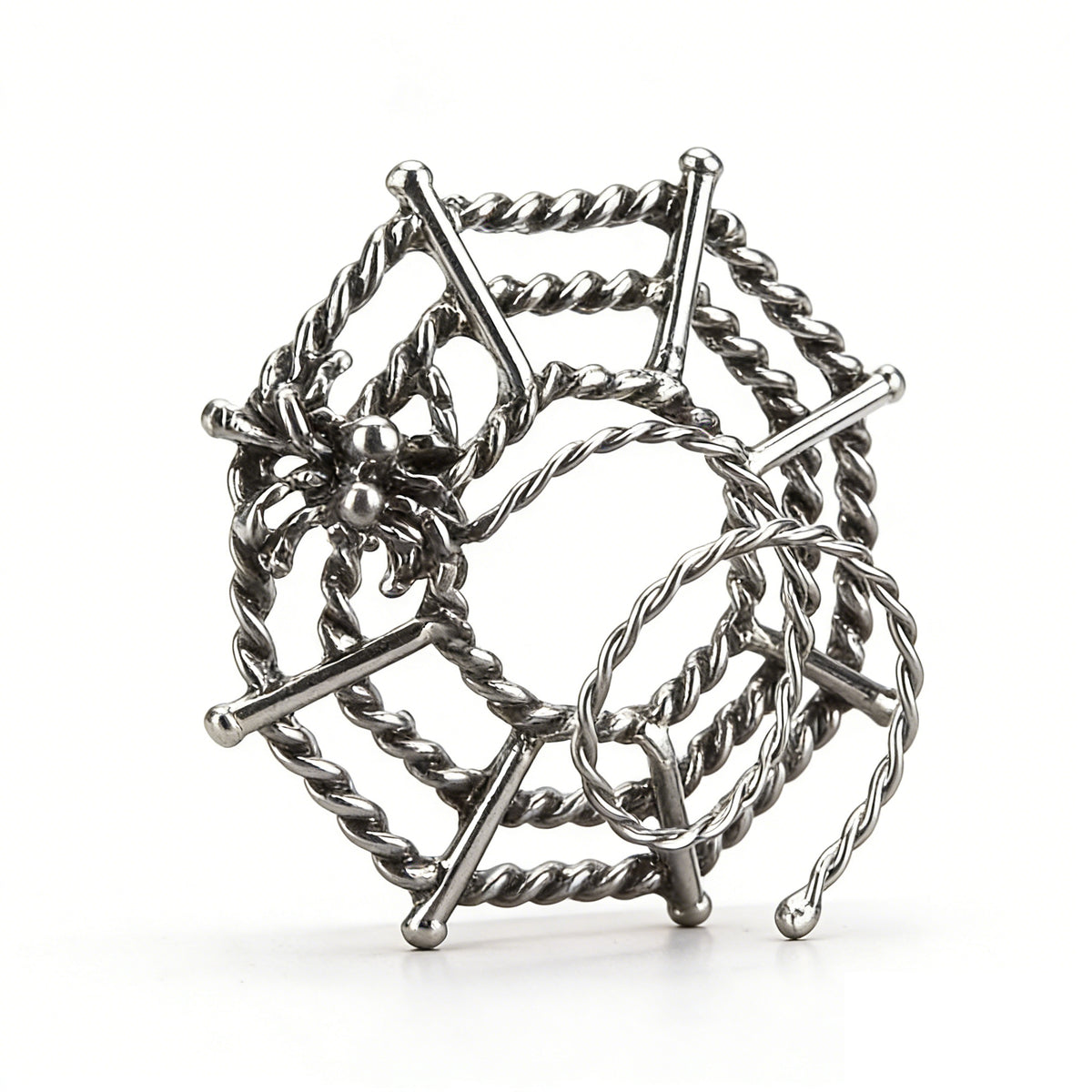 Silver spider web nipple shield with twisted wire design and spider charm.