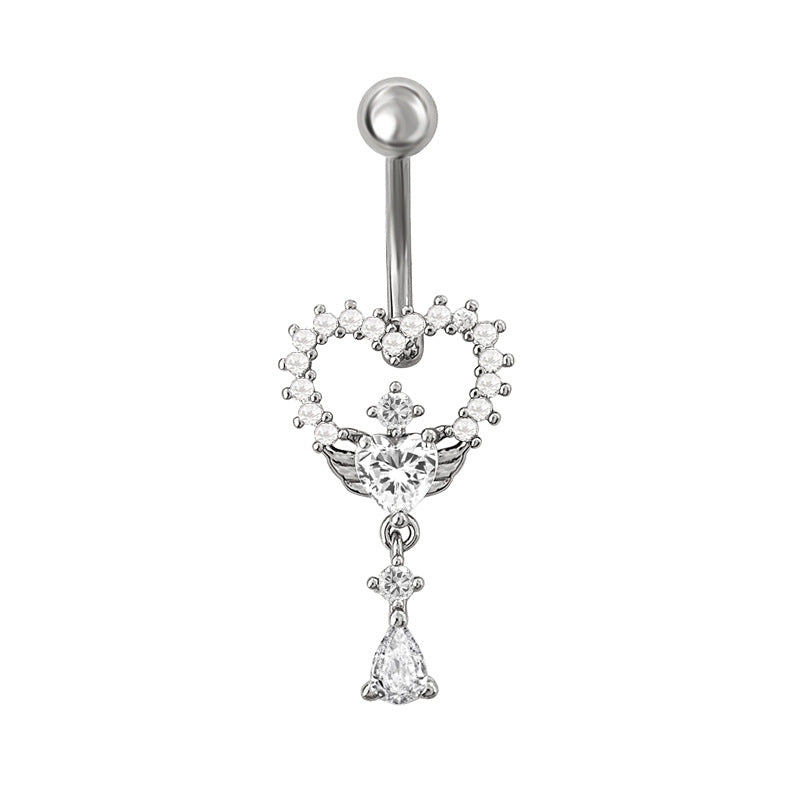 Studio shot of a silver romantic winged heart belly piercing jewelry with a cascading teardrop.