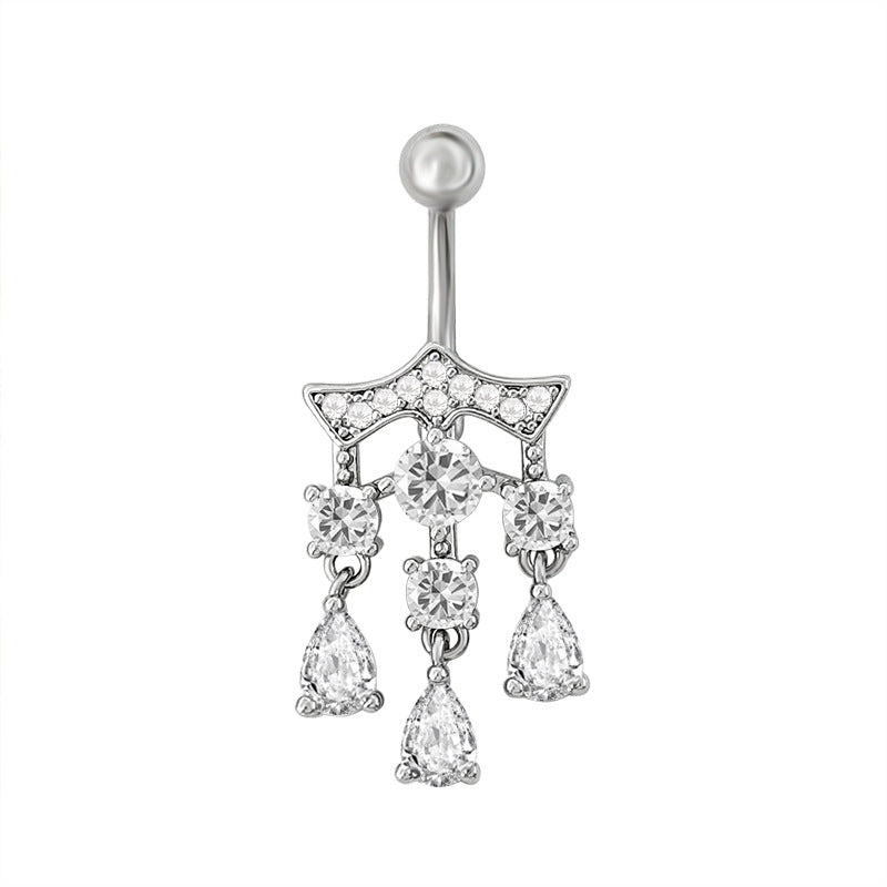 Close-up profile of a gold luxury chandelier style dangle belly button ring with multi-layered sparkling droplets.