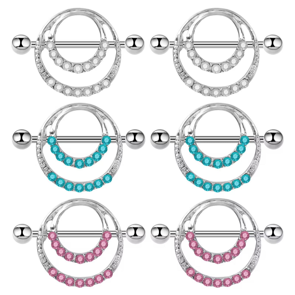 Grid display of three pairs of nipple shields in blue, pink, and clear crystal options.