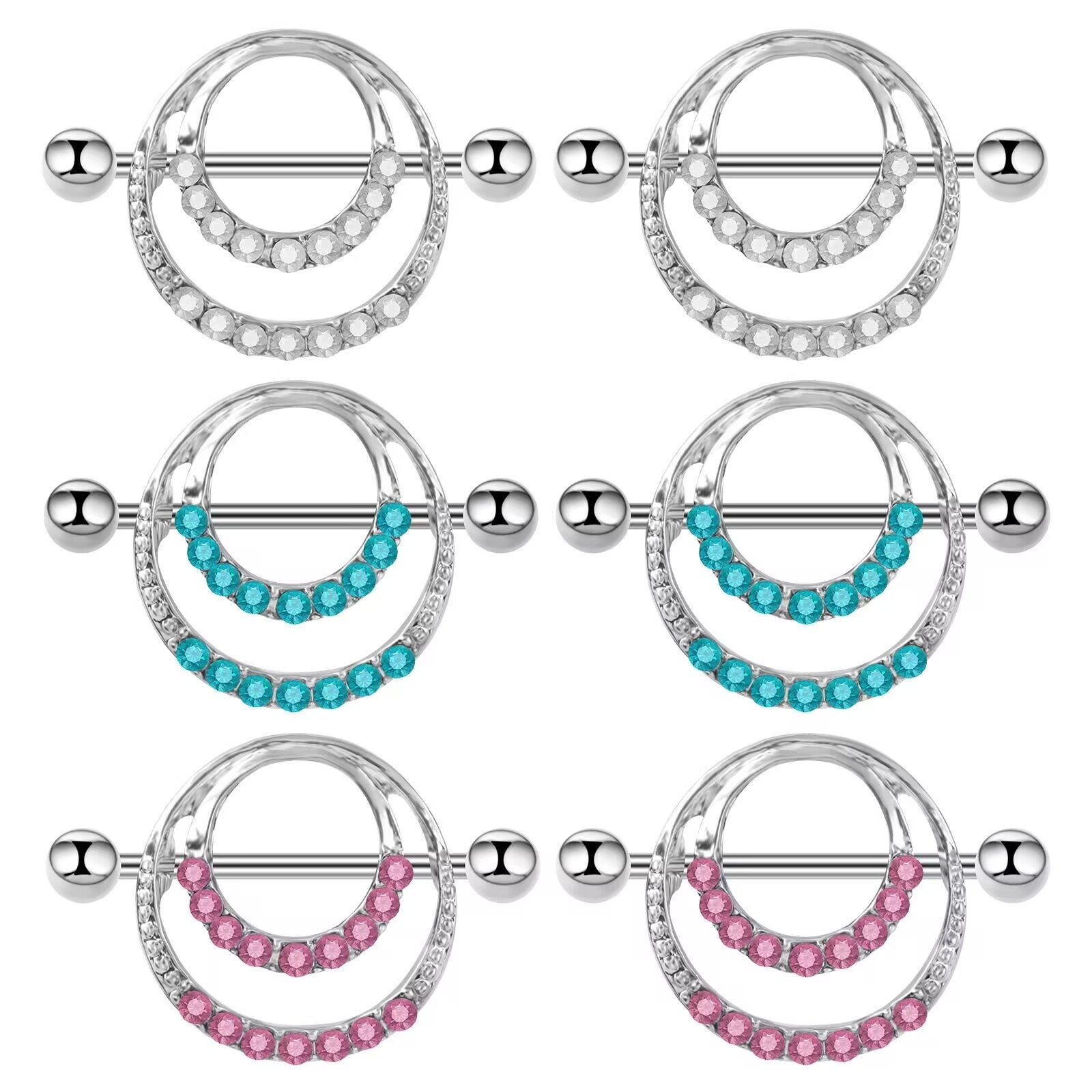 Grid display of three pairs of nipple shields in blue, pink, and clear crystal options.