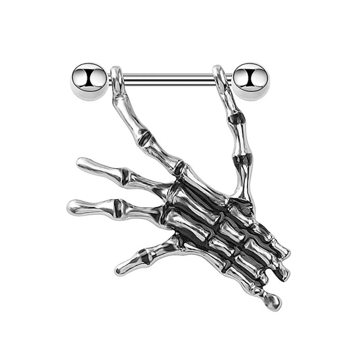 Detailed silver-tone skeleton hand nipple shield jewelry on a white background.