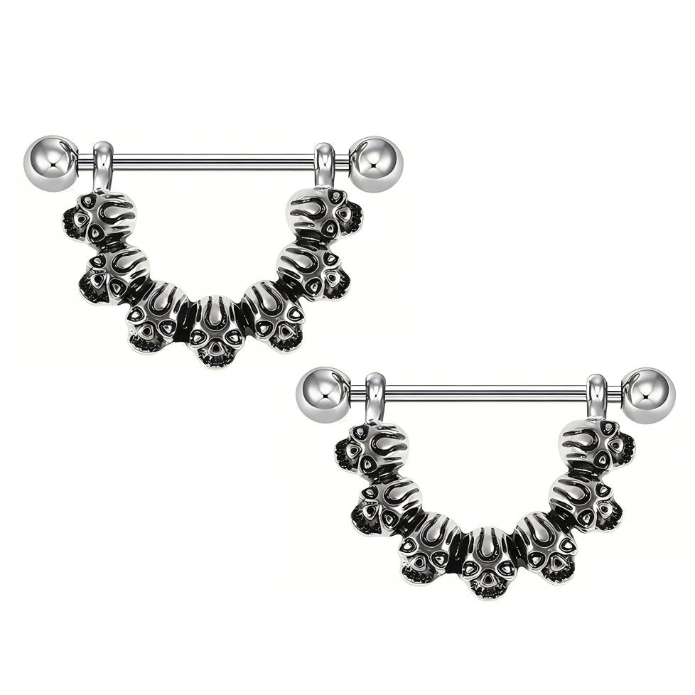 A pair of punk style skull nipple barbells displayed on a clean white background.