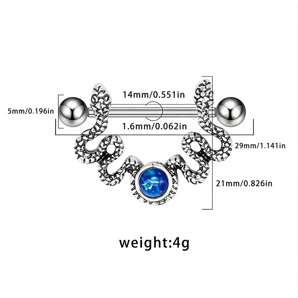 Dimension diagram showing 14mm bar length and 1.6mm gauge for snake nipple shield.