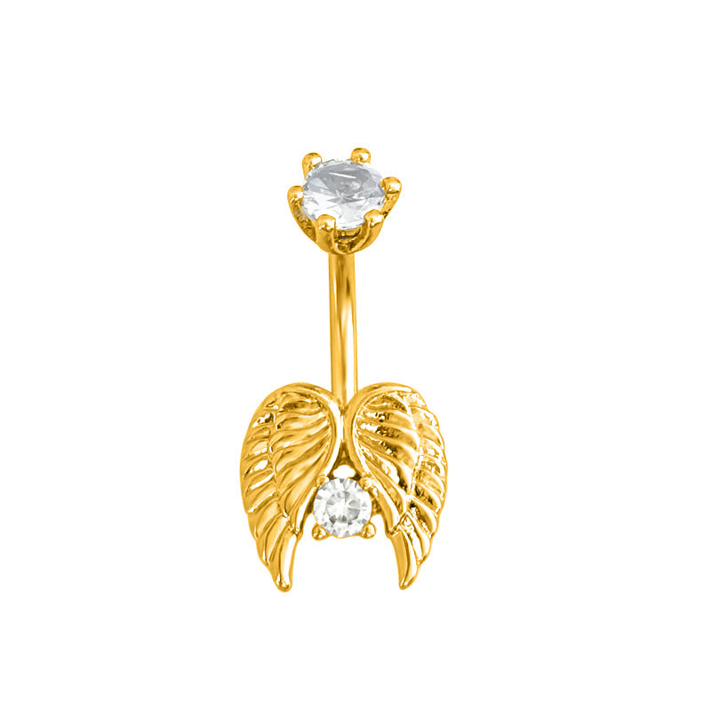 Elegant gold tone angel wings belly ring embellished with brilliant round cut clear crystals on the top and bottom