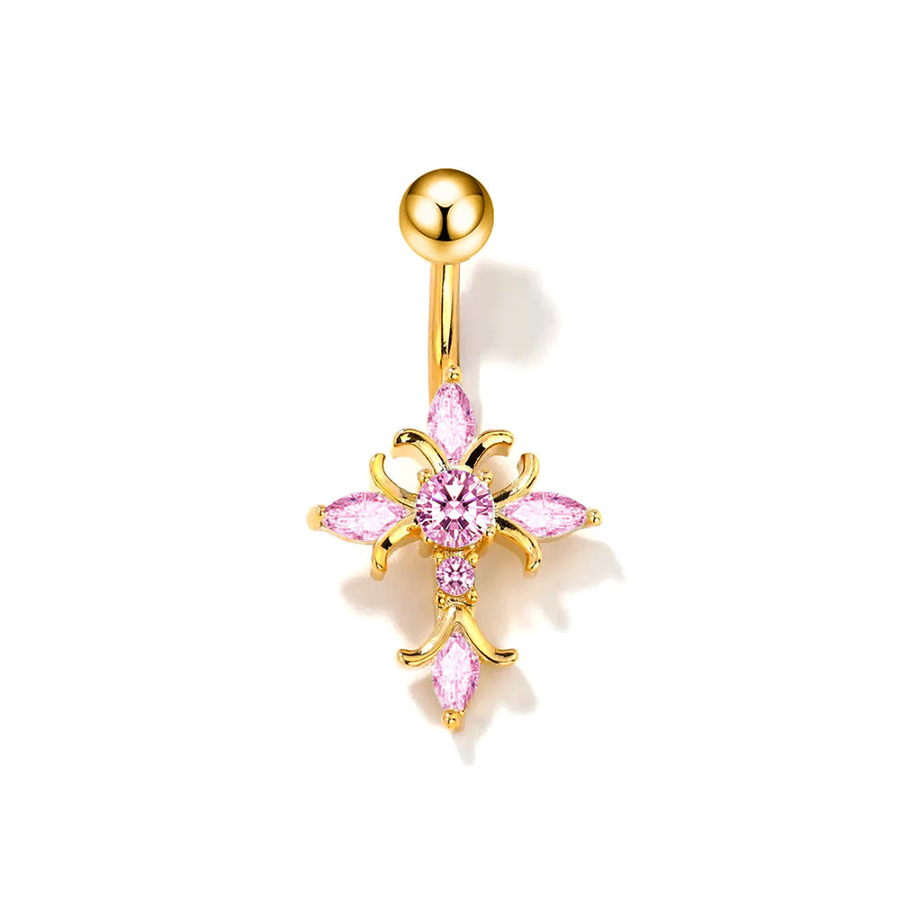 A luxurious gold cross belly piercing ring featuring light pink gems, perfect for aesthetic festival outfits
