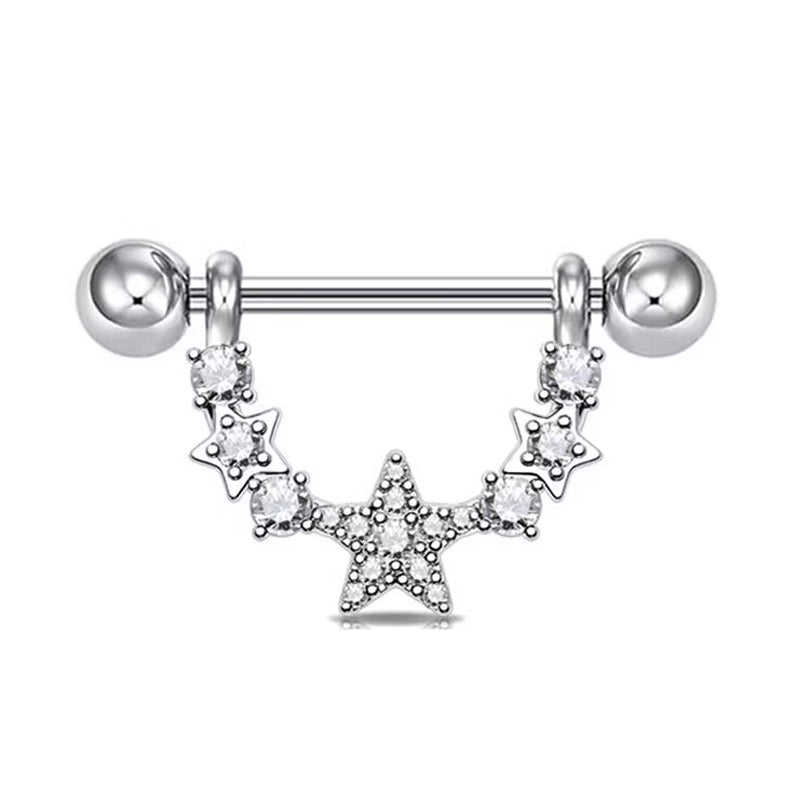 Close-up view of a sparkly celestial nipple ring with a U-shaped star and crystal dangling shield on a straight barbell.