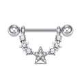 Close-up view of a sparkly celestial nipple ring with a U-shaped star and crystal dangling shield on a straight barbell.