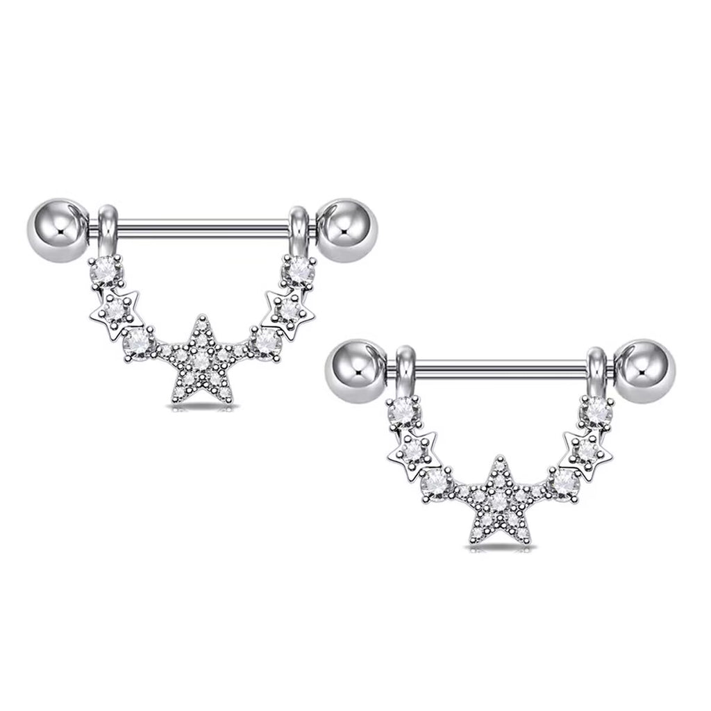 Front and slightly angled views of the star and crystal nipple shield, highlighting the sparkling details and symmetrical design.