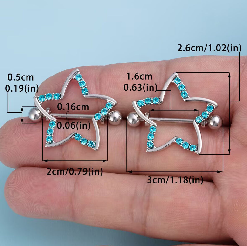 Detailed size chart for star nipple shield jewelry in centimeters and inches