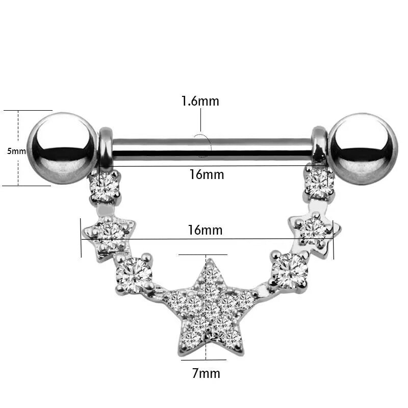 Detailed product dimensions for the celestial star nipple ring, showing measurements of 16mm barbell length, 1.6mm bar thickness, 5mm ball size, and 7mm main star width.