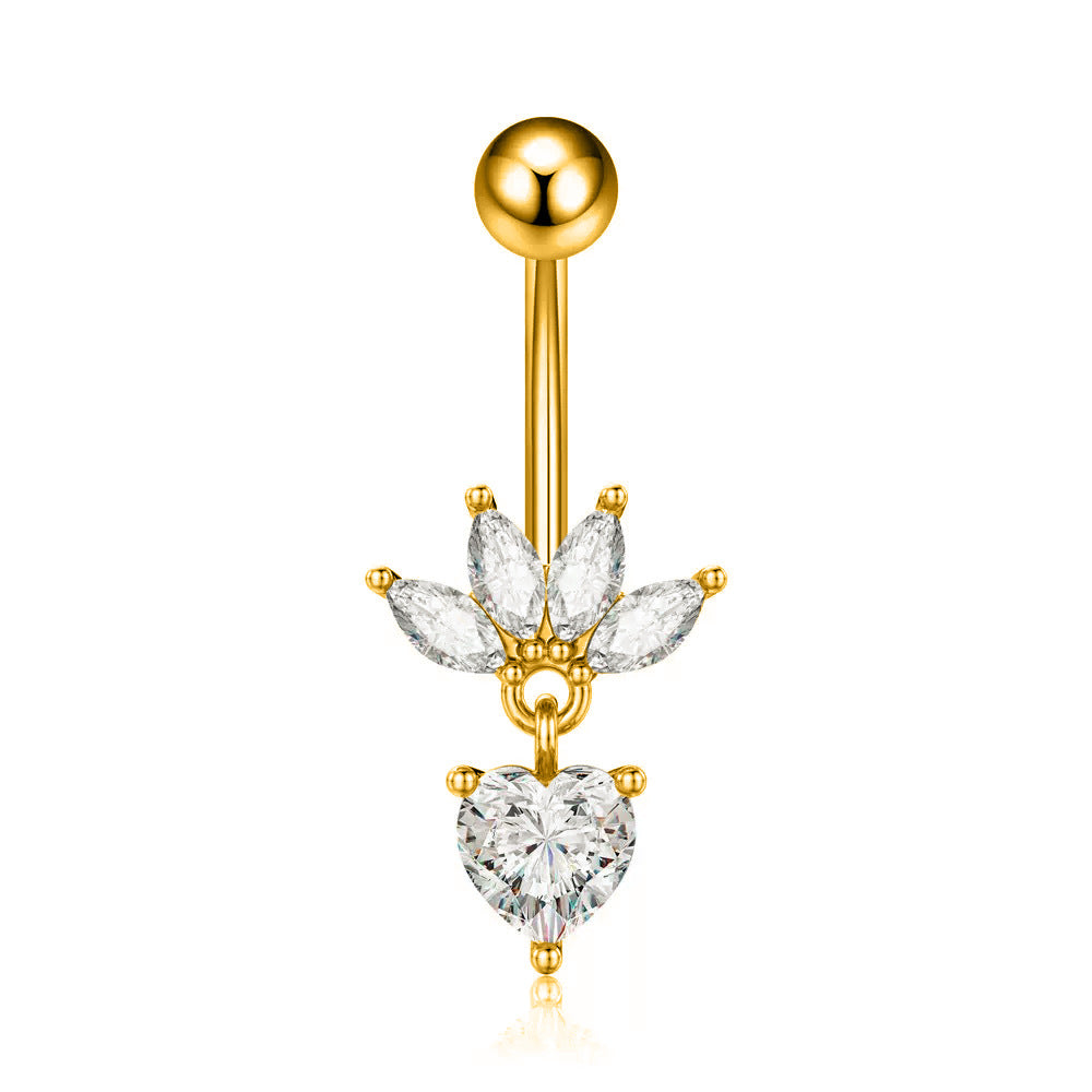 Elegant gold belly button ring with a marquise crystal crown and a dangling heart pendant