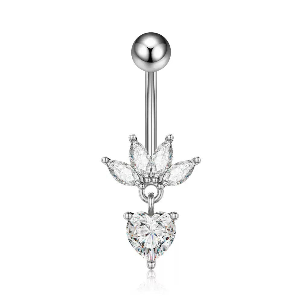 Silver navel jewelry featuring a five-stone tiara cluster with a dangling romantic heart-shaped crystal drop