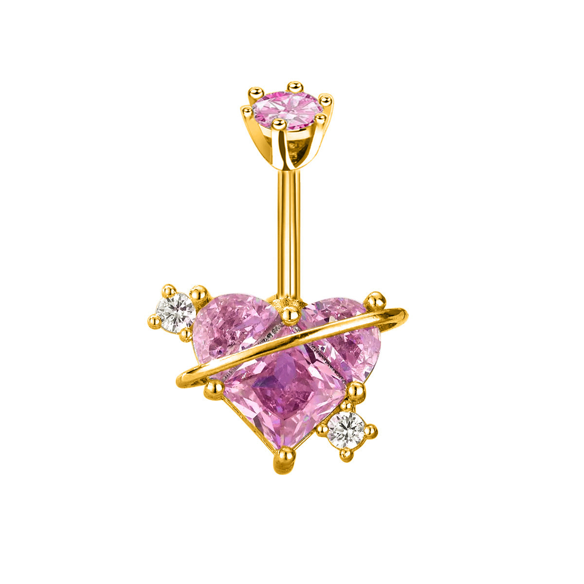 A dreamy pink heart-cut planet design belly ring with a radiant gold tone coating