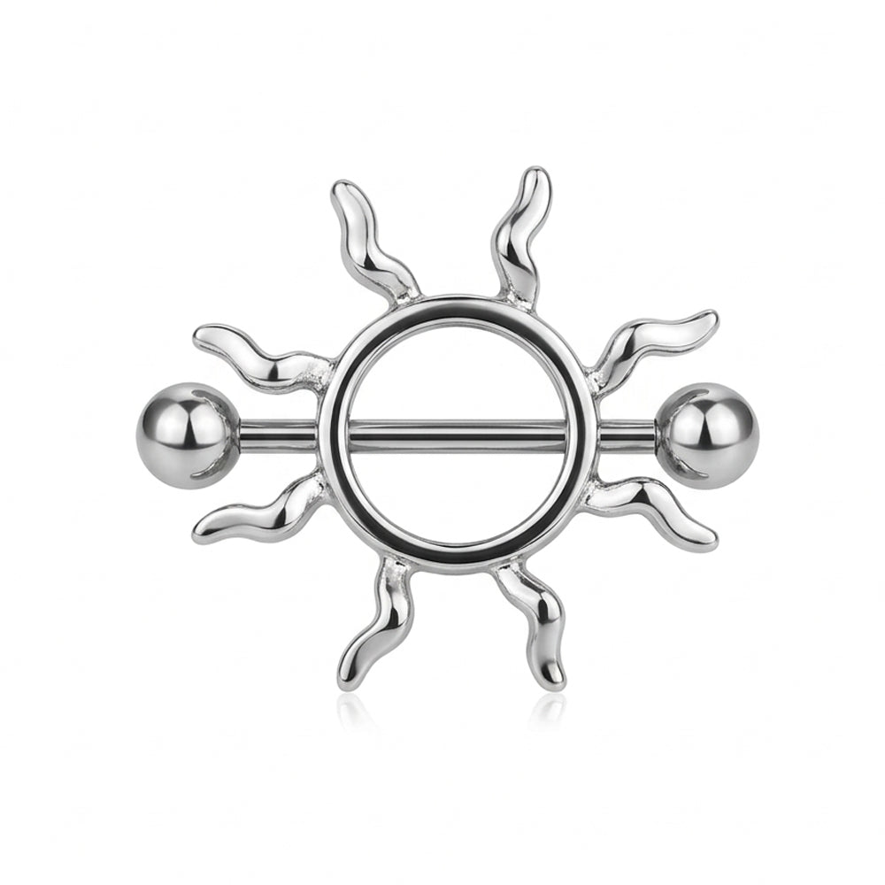 Front view of a polished silver celestial sun nipple shield ring with a barbell and two bead ends, isolated on a white background.
