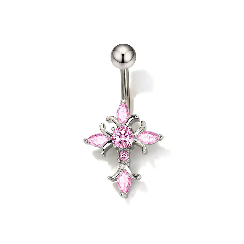 Silver-colored body piercing jewelry with a cross pendant featuring vibrant pink marquise crystals and a pink center stone