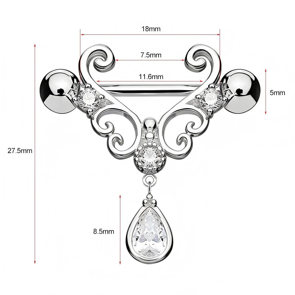 Technical drawing showing 27.5mm length and 11.6mm bar size of a filigree nipple shield.