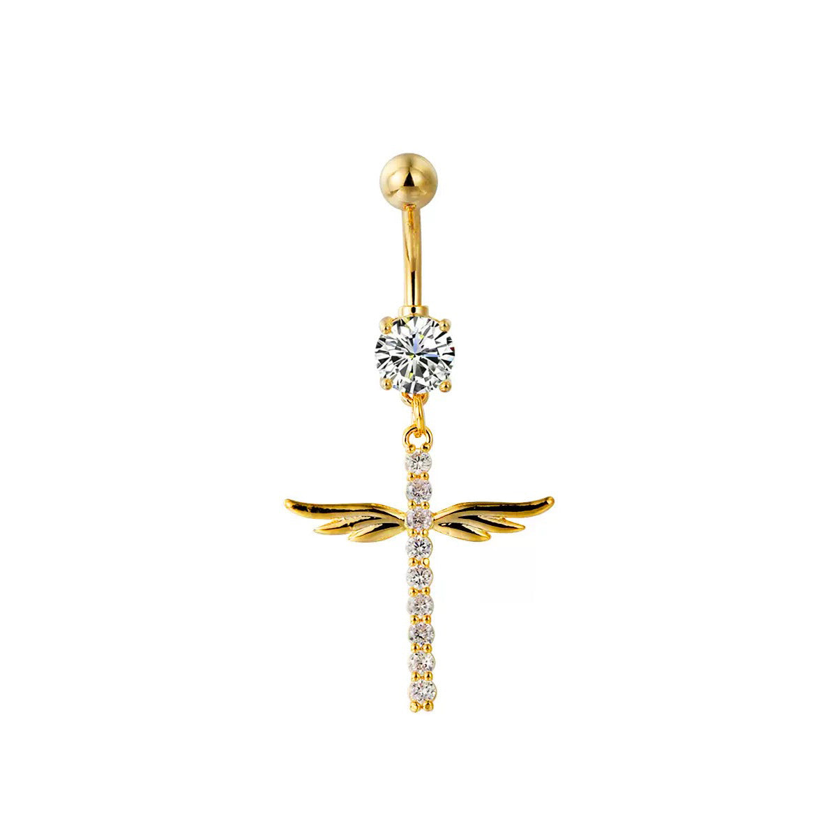Warm gold tones angel winged cross belly button ring adorned with shimmering clear crystals