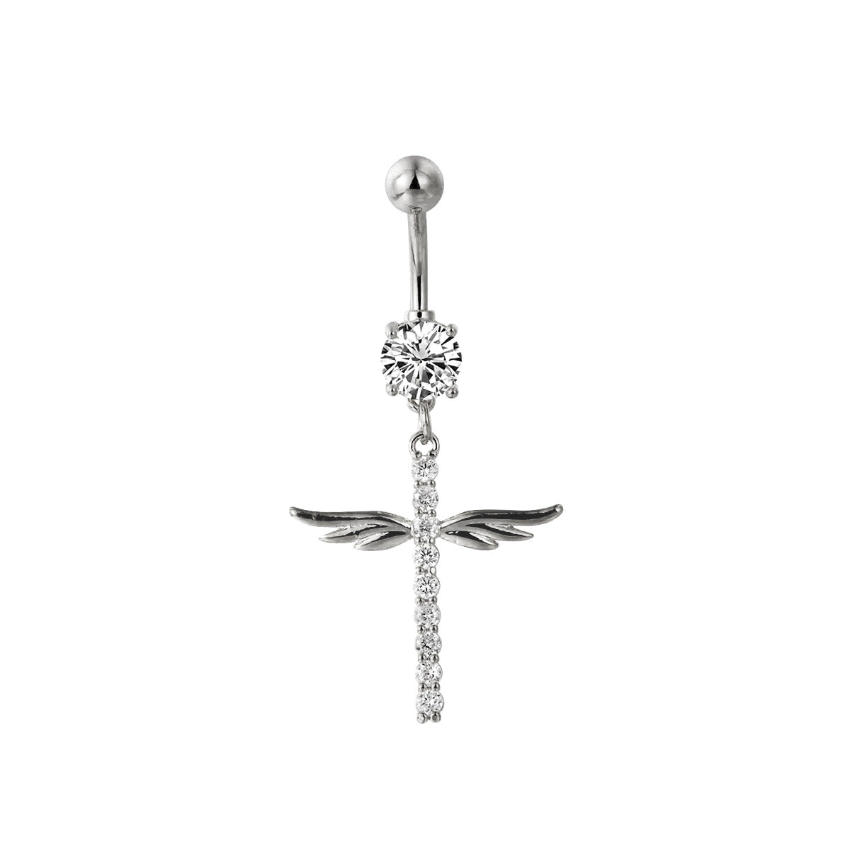 Silver angel wing cross navel piercing jewelry with a round solitaire crystal top and a pave crystal cross charm