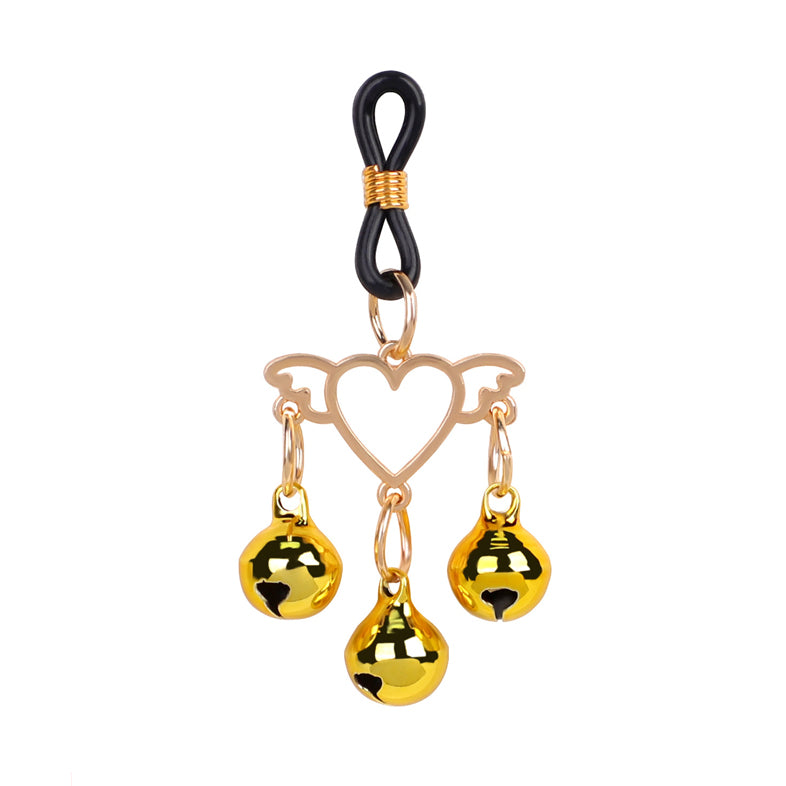 Single gold winged heart nipple clamp with three hanging bells on a white background.