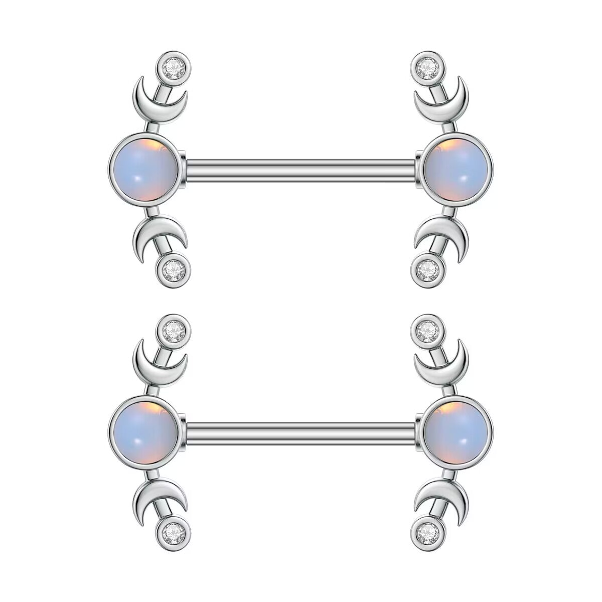 A matching pair of symmetrical crescent moon nipple rings featuring central opals and sparkling crystal details on a pure white background.