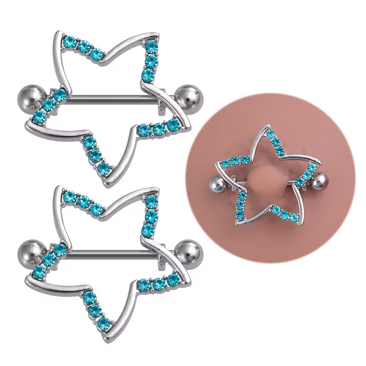 A pair of blue star nipple rings next to a product model demonstration