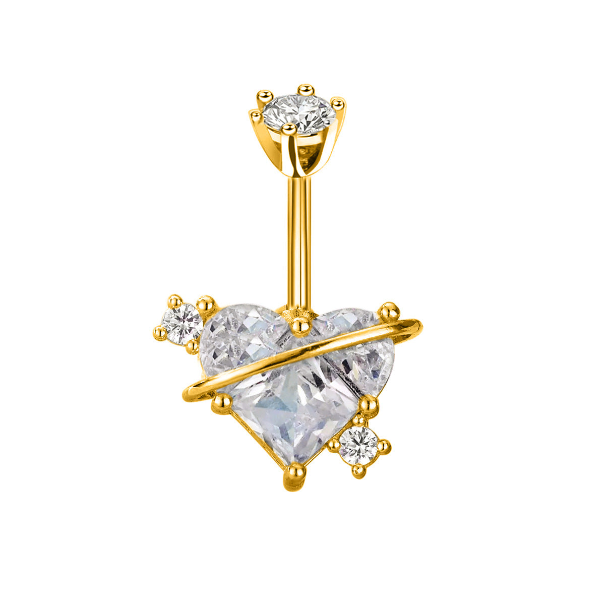 A sparkling clear cz heart planet belly button ring with a polished gold finish frame